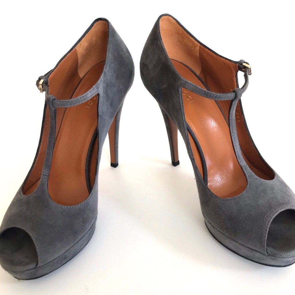 Gucci Betty Peep Toe T Strap High Heel Suede Platform Pumps Gray Sze IT 38.5 NIB - Picture 6 of 16